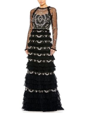 Mac Duggal Black Embellished Sheer-Sleeve Tiered Ruffle Maxi Dress size 4